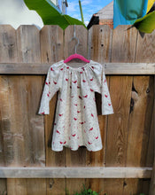 Load image into Gallery viewer, Red Cardinal birds on vines. Infant, toddler, girls peasant style dress. Light Ivory cream background on soft cotton flannel fabric.