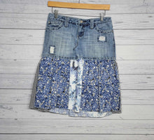 Load image into Gallery viewer, Motor Cycles &amp; Skulls Denim Restyled Skirt size 5