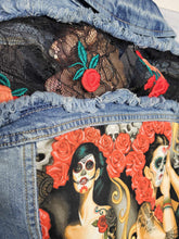 Load image into Gallery viewer, Restyled Lace &amp; Denim Jacket size Women&#39;s small