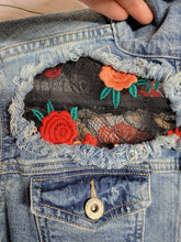 Load image into Gallery viewer, Restyled Lace &amp; Denim Jacket size Women&#39;s small