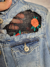 Load image into Gallery viewer, Restyled Lace &amp; Denim Jacket size Women&#39;s small