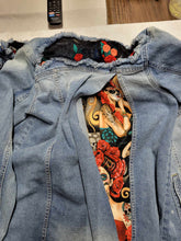 Load image into Gallery viewer, Restyled Lace &amp; Denim Jacket size Women&#39;s small