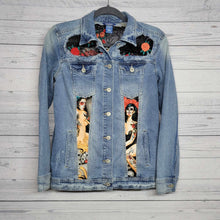 Load image into Gallery viewer, Restyled Lace &amp; Denim Jacket size Women&#39;s small