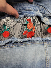 Load image into Gallery viewer, Restyled Lace &amp; Denim Jacket size Women&#39;s small