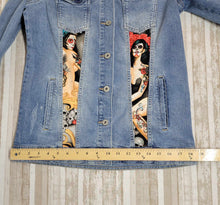 Load image into Gallery viewer, Restyled Lace &amp; Denim Jacket size Women&#39;s small