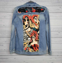 Load image into Gallery viewer, Restyled Lace &amp; Denim Jacket size Women&#39;s small