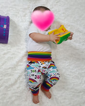 Load image into Gallery viewer, Skulls, rainbows, hearts and clouds miniloones grow with me baby pants * fits approximately months. NO bum circle. Fits approximately 3months to 12 months.