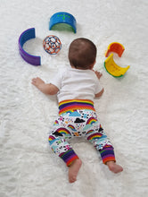 Load image into Gallery viewer, Skulls, rainbows, hearts and clouds miniloones grow with me baby pants * fits approximately months. NO bum circle. Fits approximately 3months to 12 months.