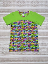 Load image into Gallery viewer, Tween Grafitti Art shirt, short sleeve unisex top with skateboard designs in rainbow colors. Youth Sizes 8, 10, 12, 14. Ready to ship gift.