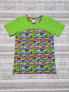 Tween Grafitti Art shirt, short sleeve unisex top with skateboard designs in rainbow colors. Youth Sizes 8, 10, 12, 14. Ready to ship gift.