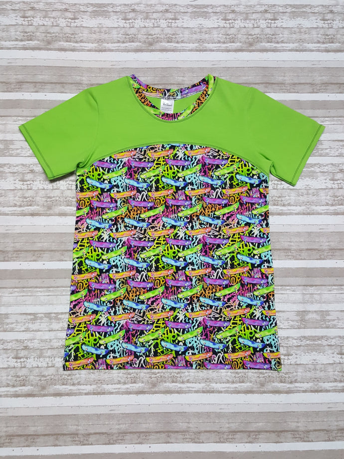 Tween Grafitti Art shirt, short sleeve unisex top with skateboard designs in rainbow colors. Youth Sizes 8, 10, 12, 14. Ready to ship gift.