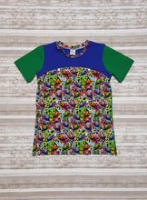 Load image into Gallery viewer, Tween Grafitti Art shirt, short sleeve unisex top with hats designs in rainbow colors. Youth Sizes 8, 10, 12, 14. Ready to ship gift.