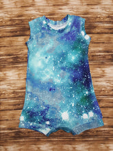 Load image into Gallery viewer, Teal blue galaxy tank style summer romper. Infant and toddler sizes available.